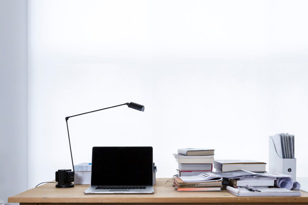 A laptop computer on a desk