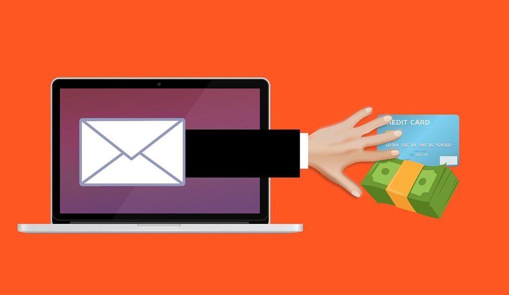 Illustration of a laptop with a phishing email, representing online recruitment scams